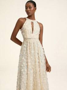 Aveloria Rosie Romantic Elegant Minimalist Sophisticated French Woman Luxury Occasion High-End Design Exquisite Beaded Embroidery Fabric Halter Sexy Hollow-Out Waist-Defining Flowy Maxi Dress, Sleeveless, For Women