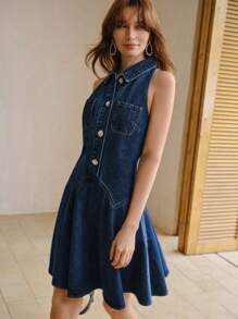 MOTF STUDIO HALF BUTTON POCKET DENIM DRESS