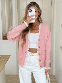 SHEIN LUNE Cardigan maglione casual da donna in colore tinta unita con inserti in pizzo, maniche lunghe