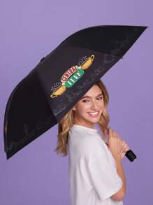 FRIENDS X SHEIN 1 pieza Paraguas plegable de 4 pliegues con estampado de taza de café, con función de protección solar y varilla elevada para un uso cómodo, adecuado para la escuela, el trabajo, salidas y uso diario, diseñado específicamente para estudiantes universitarios, estudiantes de secundaria, hombres y mujeres, perfecto para regalar a amigos
