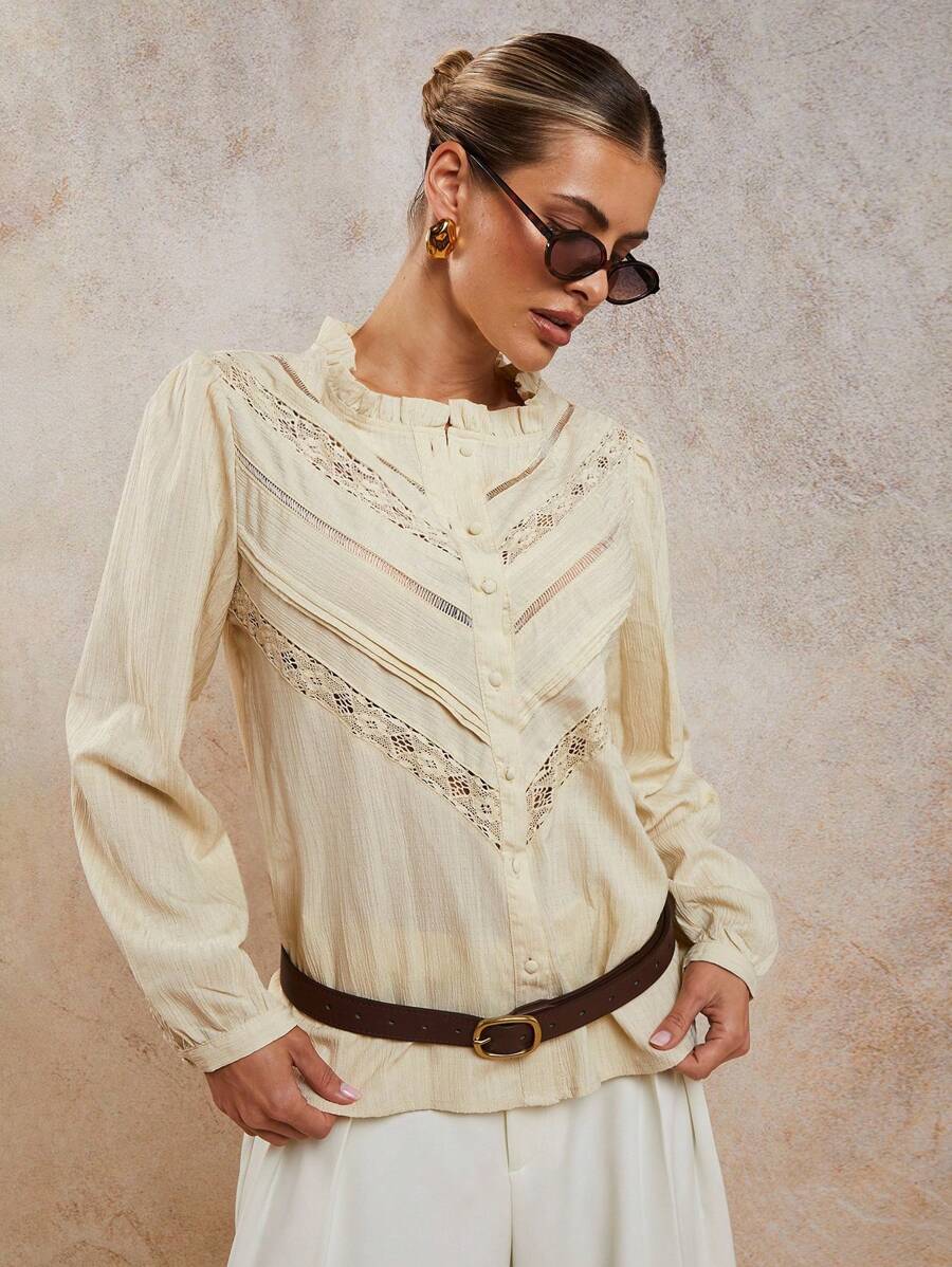 COSMINA Women's Solid Color Lace Trim Panel Cuff Elegant Single-Breasted Blouse - Beige - View 1