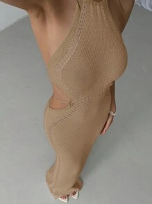 Aloruh Summer New Beach Vacation Crochet Beach Dress, Romantic Hollow Backless Lace-Up Fish Tail Dress Sexy Dress - Khaki - View 7