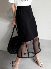 FRIFUL Falda Patchwork De Línea A Con Bolsillos De Solapa Y Red De Pesca - Gris - Ver 1