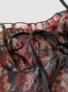 SHEIN MOD 复古油画蝴蝶印花华丽二合一连衣裙，配有可拆卸裙摆和分层蛋糕下摆 - 宫廷风格、生日礼服、巡航礼服、适合约会、派对、节日、茶会和舞会的分层服装 - 棕色 - 查看 3