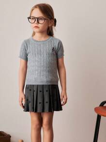 PrepCrw Young Girls' College Style Twist Flower Knitted Bear Graphic Short Sleeve Pullover Sweater