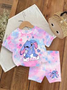 SHEIN 女婴卡通兔子印花扎染圆领短袖T恤和针织打底短裤套装，夏季扎染女婴亲子装 - 彩色 - 查看 3