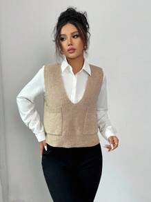 Rafferiza Pull sans manches à col V de couleur unie avec poche pour femmes - Kaki - Voir 3