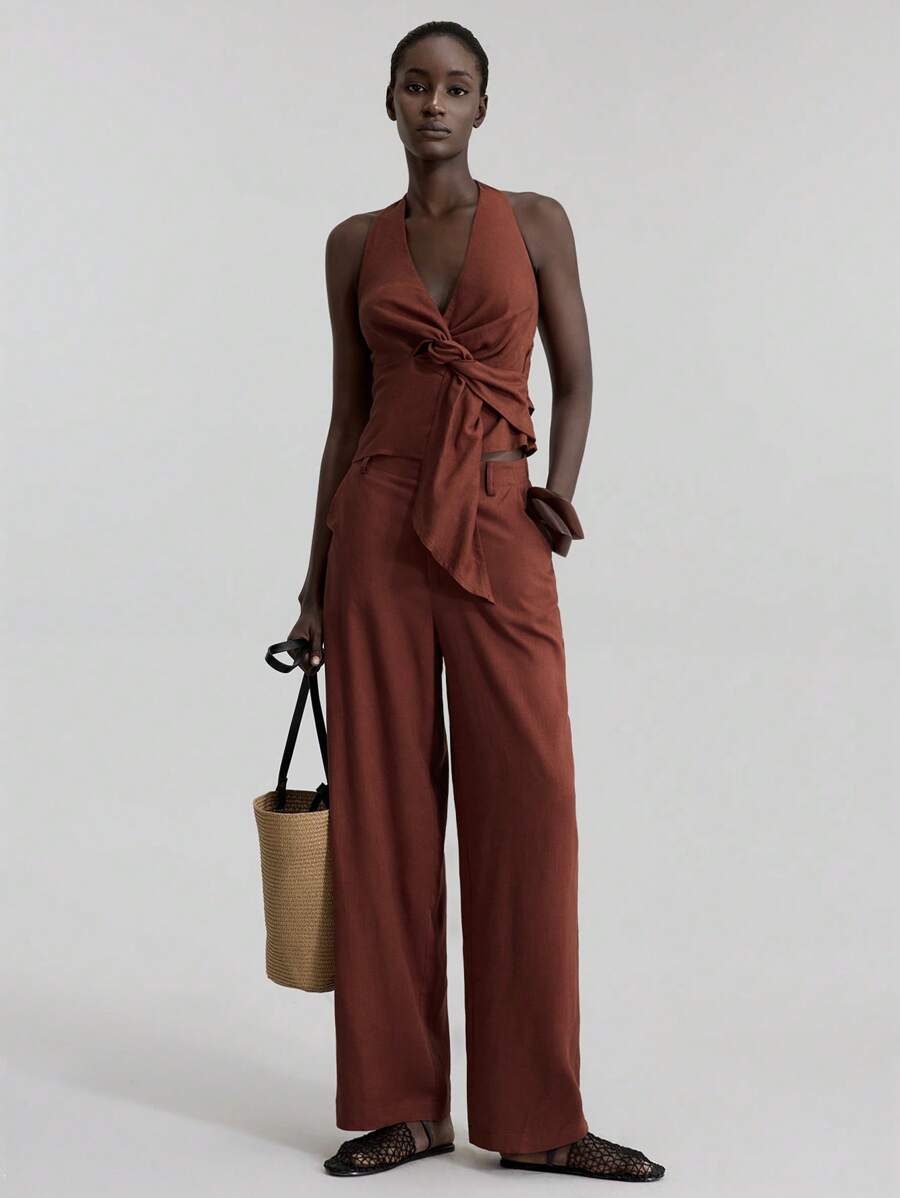 Ontre 2025 Women's Sexy Twist Back Halter Neck Top, Suitable For Independence Day, Vacation, Beach, Casual, Graduation, Wedding, Memorial Day, Ball Gown, Versatile Daily Commute, 2025 Autumn/Winter Women's, Fall/Winter, Business Casual, Retro Dignified Elegant Versatile, Basic Apparel, Nashville Apparel - Burgundy - View 1