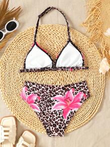 SHEIN Bộ bikini hở lưng họa tiết hoa báo cho bé gái tuổi teen, trang phục đi biển thường ngày - Cà phê nâu - Xem 2