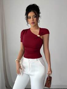 Elenzga Women's Elegant Asymmetric Neck 3D Rose Gold Metal Button Embellished Short Sleeve T-Shirt - Burgundy - View 4