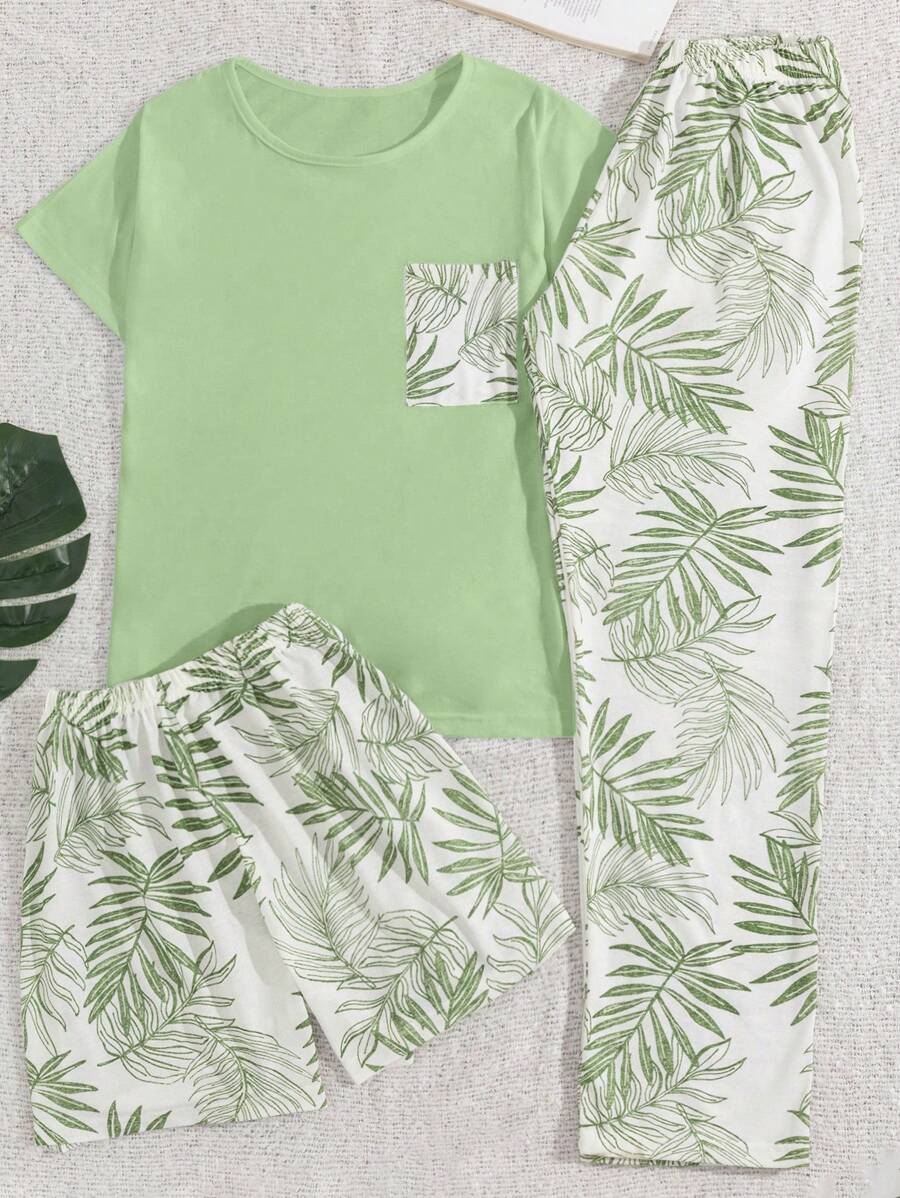 RueChic Set de 3 piezas de pijama y short de algodón con estampado floral y bolsillos para mujer