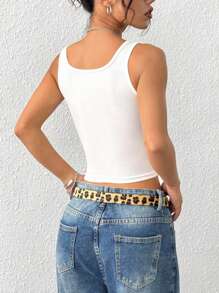 SHEIN Top de tirantes ceñido casual con gráfico de letras para mujer, estilo primaveral