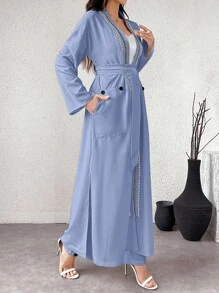 Al Najma 2pcs Women's Elegant Ribbon Patchwork Long Jacket And Pants Set, Spring Autumn, Work/Elegant/Casual/Modest Style, Abaya Set 2 Pieces Set Fall Cloth For Women - Baby Blue - View 8