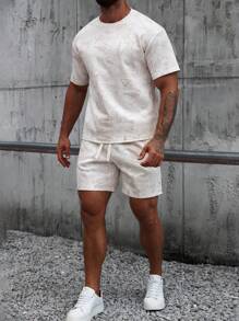 Manfinity CasualCool 2 件套男士夏季休闲全身印花圆领短袖 T 恤和短裤两件套，套装，秋季服装羊毛，舒适服装 - 白色 - 查看 6