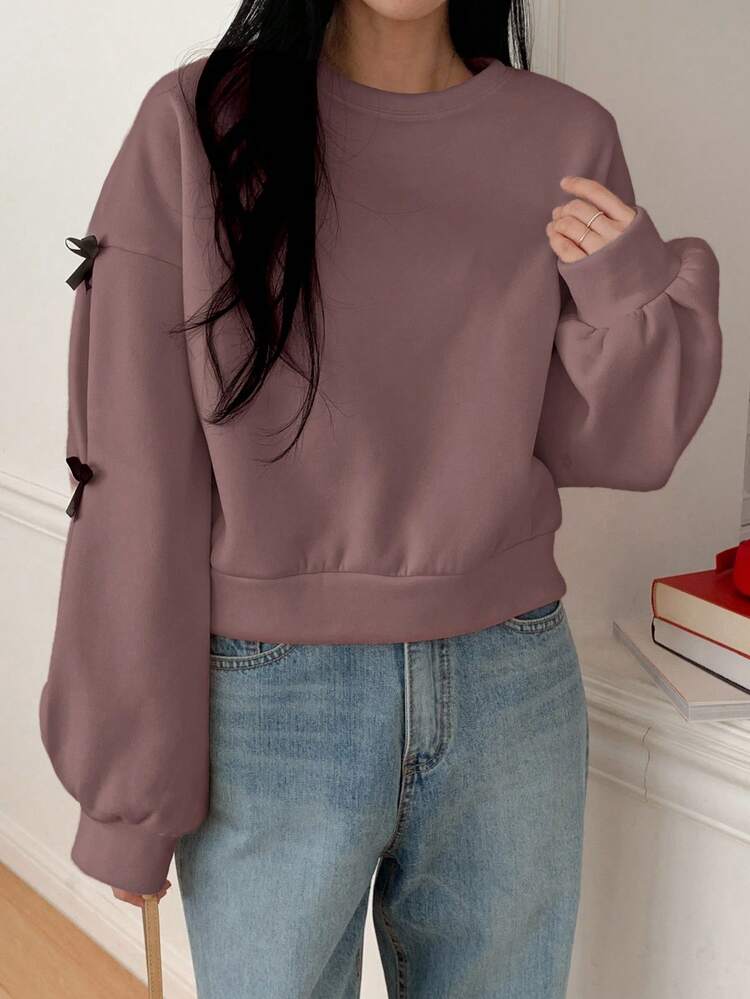 Contrasting Color Bow Round Neck Loose Women Sweatshirt,Fall Women Clothes