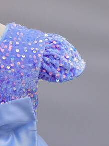 Abito da sposa per ragazza, abito lungo azzurro con perle e fiocco per l'estate, adatto per damigella, hostess di matrimonio o recital di pianoforte, stile di lusso e principesco con maniche corte - Blu - Visualizzare 5