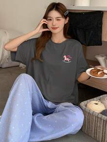 DAZY 2件套可爱木马印花上衣和格子彩色波尔卡圆点睡裤睡衣套装 - 深灰色 - 查看 3