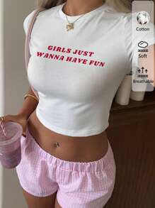 SHEIN EZwear Áo thun bó sát cổ tròn tay ngắn in khẩu hiệu "Girls Just Wanna Have Fun" thiết kế đơn giản & giản dị, phù hợp cho lễ hội âm nhạc, kỳ nghỉ xuân - trắng - Xem 10