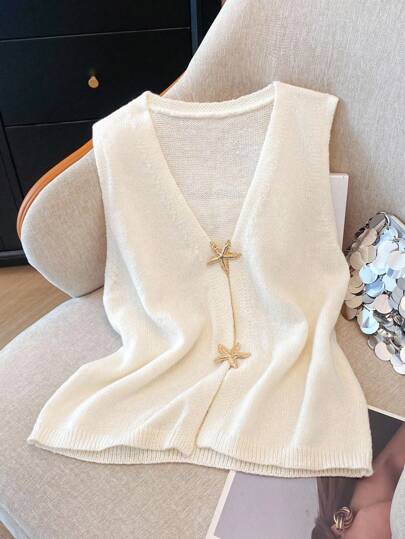 Regalyn Top tricoté sans manches avec bouton étoile grande taille pour femmes