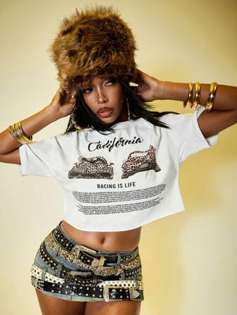 Street Life Loose Fit Plus Size Women's T-Shirt With California Girl, Sports Car Logo & Leopard Print Graphic