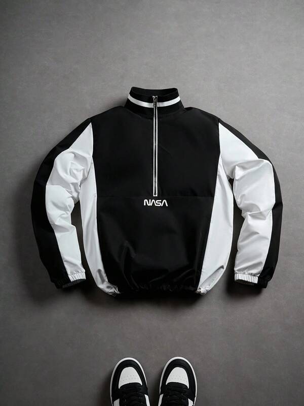 Manfinity Sporsity Jachetă sport bărbătească Varsity, jachetă cu guler înalt și fermoar pe jumătate, blocuri de culoare, cu grafică cu litere, tiv reglabil cu șnur, potrivită pentru purtare zilnică, în aer liber, sport, casual, școală, petrecere, festivaluri de muzică. Poate fi oferită cadou prietenilor și iubiților, Jachetă bărbătească cu fermoar pe un sfert, jachetă alb-negru, jachetă bărbătească cu fermoar pe un sfert, jachetă de curse, jachetă de fotbal, jachetă personalizată cu minge, toamnă