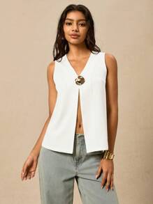 Easelle Women's Spring And Summer Fashion Modern Urban Simple Commuting Asymmetrical Metal Button Decoration White Fitted V-Neck Thin Jacket