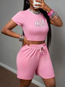 Slaydiva 2025-Bộ đồ thể thao đơn giản, giản dị, cổ tròn, tay ngắn, in logo, màu hồng, phong cách xuân hè mới, áo phông ngắn + quần bốn điểm, màu hồng, đỏ, hoa hồng, bộ đồ hai mảnh - Bộ đồ hai mảnh màu hồng dành cho nữ - Hồng - Xem 5