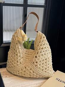 Cirelle A Fashionable Hand-Woven Hollowed-Out Straw Shoulder Bag – Boho Summer Tote Beach Bag, For Vacation, Outings, Camping & Parties