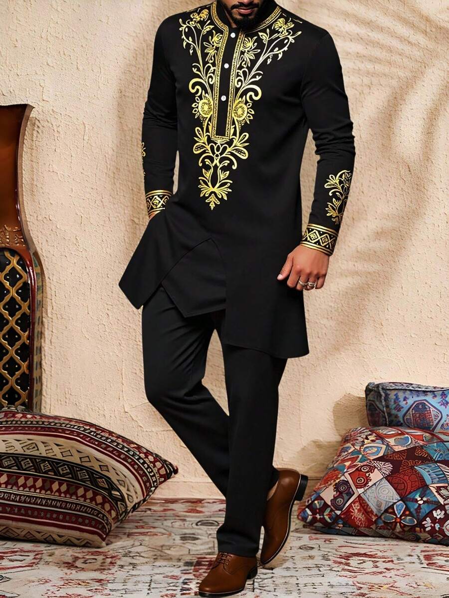 Manfinity RSRT Men's Plant Printed Stand Collar Long Sleeve Shirt And Pants 2-Piece Set Men African Suit Black And Gold Men Suit Africa Shirt And Pants Suit Outfit Men Men Dashiki Suits Men African Clothing,Fall Clothes
