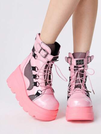 Grunge Punk Botas cortas de plataforma de suela gruesa de puntera redonda con remaches de metal y cordones de mujer, de PU negro, adecuadas para uso diario y uso en el campus punk