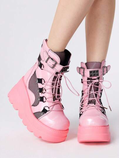 Grunge Punk Damen Metall Nieten Schnürstiefeletten mit runder Zehenkappe, Plateausohle, PU-Leder, schwarze Metall Punk Kurz Stiefel, geeignet für täglichen Punk Campus Stil