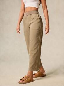 OutZeal 女士运动裤 日常休闲透气弹力直筒针织腰部七分裤设计带口袋 - 卡其色 - 查看 8