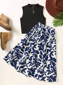 SHEIN 青少年女孩时尚度假休闲针织无领无袖上衣和碎花印花裙两件套 - 彩色 - 查看 1