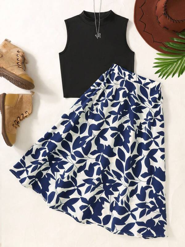 SHEIN Tween Girl Fashion Vacation Casual Knit Collarless Sleeveless Top And Ditsy Floral Printed Skirt 2 Pieces Set