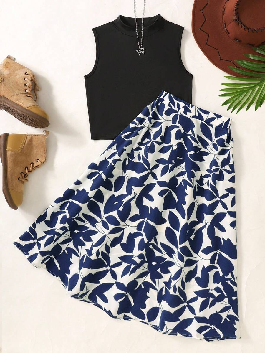 SHEIN 青少年女孩时尚度假休闲针织无领无袖上衣和碎花印花裙两件套 - 彩色 - 查看 1