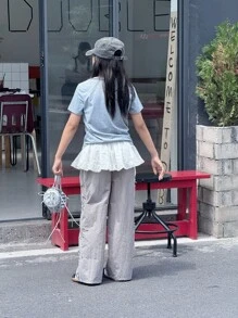 Ținute casual de vară în stil coreean pentru fete preadolescente, tricou cu mânecă scurtă și decorațiuni cu funde + pantaloni largi, set din 2 piese - Gri - Vizualizare 2