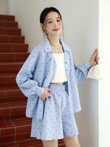 3pcs/Set Teen Girls Striped Floral Print Long Sleeve Shirt, Solid Color Tank Top And Striped Floral Print Shorts, Casual Summer Fashion Outfit - Multicolor - View 4