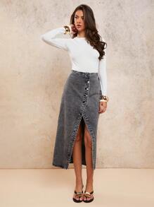 COSMINA 女士优雅开衩牛仔迷你裙，春夏 - 灰色 - 查看 5