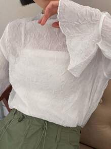 FRIFUL 女式纯色纹理喇叭袖上衣，荷叶边长袖女式上衣 - 白色 - 查看 1