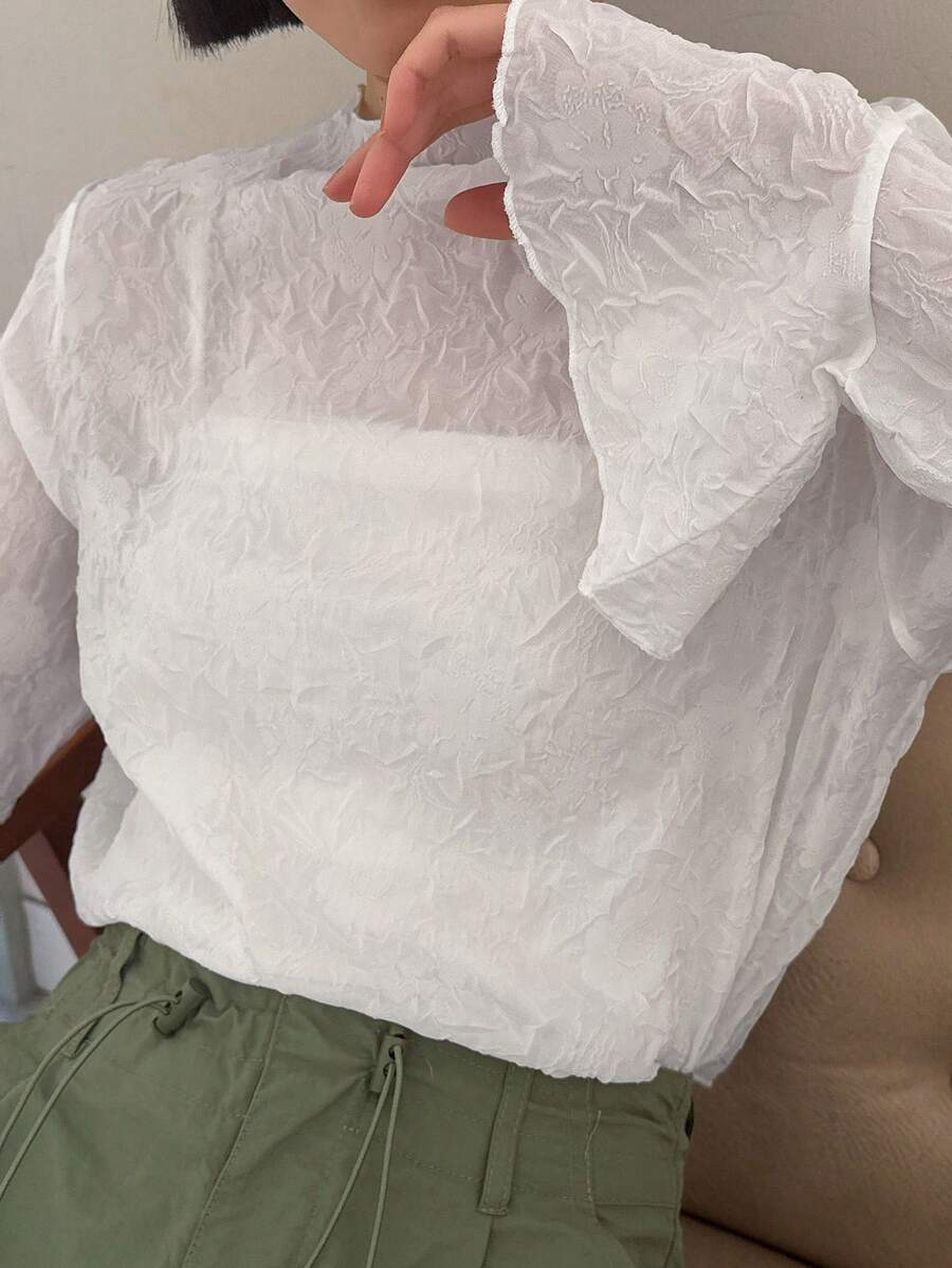 FRIFUL 女式纯色纹理喇叭袖上衣，荷叶边长袖女式上衣 - 白色 - 查看 1