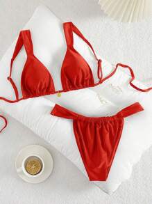 Swim Vcay Áo ngực hở lưng bằng vải không gọng màu ngọc trai lấp lánh dự tiệc có viền kim loại, bộ bikini ngày lễ đơn giản và thanh lịch dành cho nữ - Đỏ - Xem 1