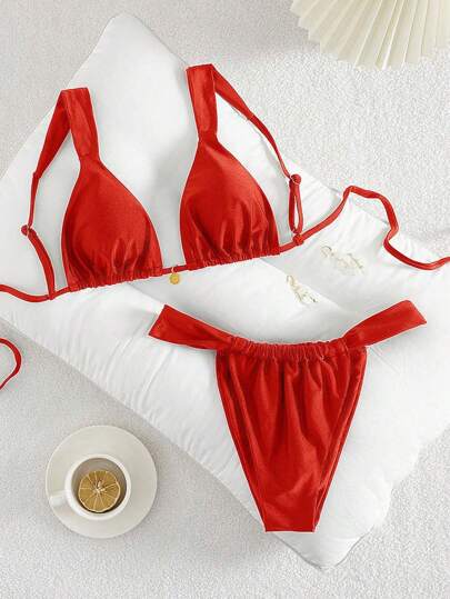 Swim Vcay 纯色珠光派对吊带双层面料无钢圈文胸，带金属装饰，简约优雅女士假日比基尼套装