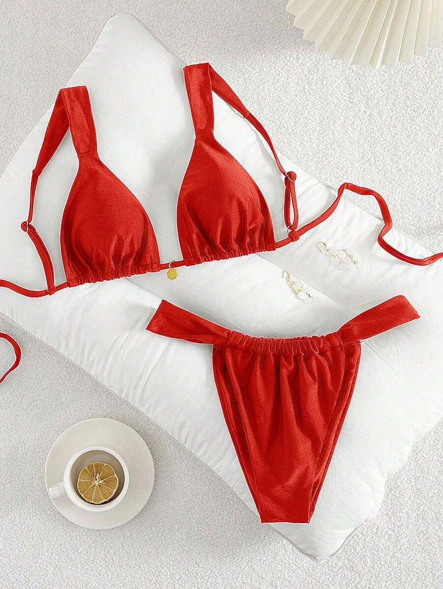 Swim Vcay Áo ngực hở lưng bằng vải không gọng màu ngọc trai lấp lánh dự tiệc có viền kim loại, bộ bikini ngày lễ đơn giản và thanh lịch dành cho nữ - Đỏ - Xem 1