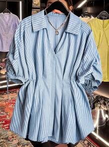 Franclia Women's Blue Striped Raglan Sleeve Cinched Waist Shirt - Blue - View 1