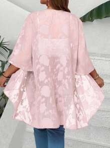 EMERY ROSE Plus Size Women Spring/Summer Casual Vacation Style Jacquard Flared Sleeve Asymmetrical Hem Sheer Jacket,Fall Women Clothes - Pink - View 2