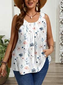 EMERY ROSE Casual Floral Print Plus Size Pleated Loose Cami And Tank Top, Suitable For Spring And Summer Suitable For Going Out - Multicolor - View 3