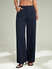 SHEIN PETITE Women's Casual Fashionable Summer Vacation Striped Print Pocket Loose Pants For Daily Wear - Navy Blue - View 4