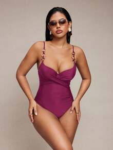 SHEIN Swim Women's Slimming Enhancing Elegant One-Piece Swimsuit With Drawstring - Red Violet - View 6