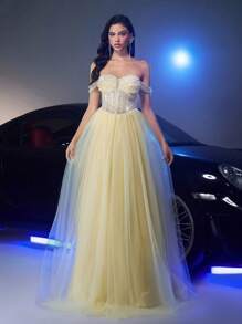 Glamrae Váy dạ hội trễ vai màu vàng hoàng yến thanh lịch và sang trọng với thân áo đính ngọc trai thủ công, dây buộc có thể điều chỉnh phía sau, chân váy chữ A bằng vải tuyn, phù hợp với nhiều dịp trang trọng khác nhau - Vàng nhạt - Xem 6