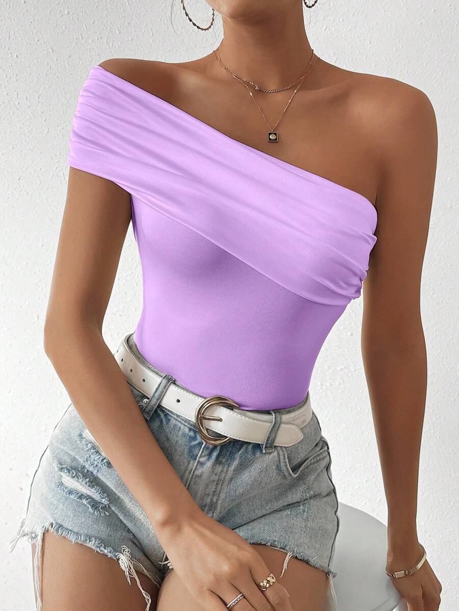 SHEIN Clasi Women Plain Color Ruched Slim Fit Slant Shoulder Neck T-Shirt - Purple - View 1